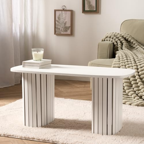 OHS Small Centre Table Living Room, Wooden Coffee Table for Home Office Madison Ribbed Wood Frame Decorative Coffee Tables for Living Room, Cream - 85 x 40 x 41cm