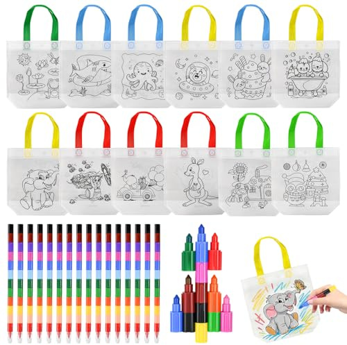 FuxFuis 12 Beutel zum Ausmalen mit 12 stapelbaren Buntstiften Set | zum Ausmalen mit 24 verschiedenen Mustern, Geschenktaschen zum Selbermalen für Weihnachten und Geburtstag (12 Farben in 1)