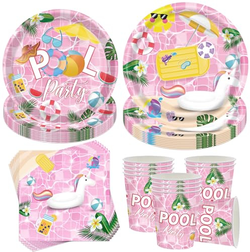 Sunshine smile 50 Stück Pool Partygeschirr Set,Sommer Partygeschirr Set,Pool Geburtstag Partyzubehörsets,Kindergeburtstag Deko mit Teller Becher Servietten,Poolparty Party Geschirr für 10 Gäste