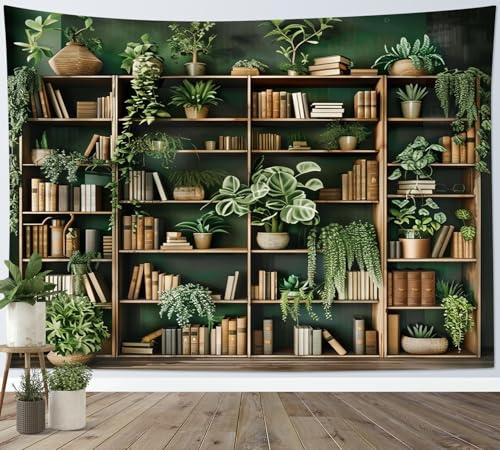 LB Tapisserie Murale Plantes vertes Tenture Murale Livres vintage sur étagère Décorations pour Maison Salon Chambre Dortoir,150x130cm