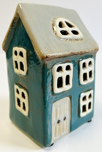 Tealight Candle Holder Housewarming Gift Cottage Ceramic Village Pottery House Ornament (Mini Teal Cottage (13cms))