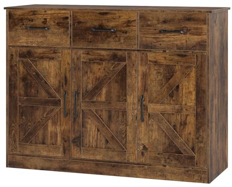 COSTWAY Sideboard Storage Cabinet, Large Kitchen Cupboard with Adjustable Shelf, Drawers and Doors, Wooden Buffet Cabinet Unit for Dining Living Room (108 x 38 x 81cm with Barn Doors, Rustic Brown)