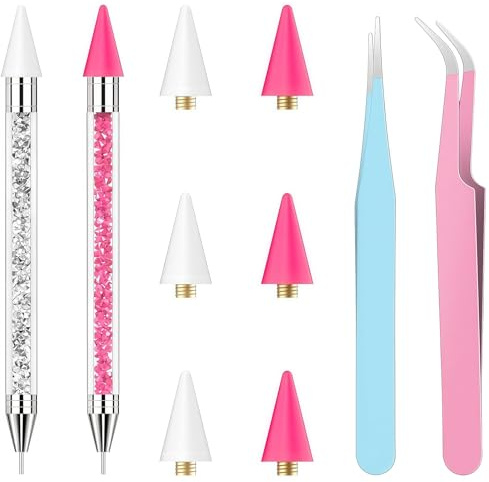 Bafutayawa Strasssteine Wachsstift Set, Herramienta profesional para arte de uñas, Aplicador de cristal con puntas de repuesto y pinzas, Lápiz de cera para pintura de diamantes