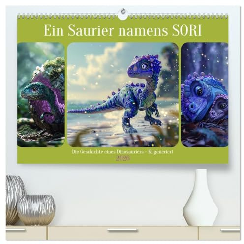 Ein Saurier namens Sori (hochwertiger Premium Wandkalender 2026 DIN A2 quer), Kunstdruck in Hochglanz: Entzückende Begegnungen eines Dinosauriers - KI generiert (CALVENDO Tiere)
