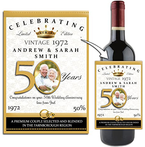 Personalised Golden 50th Wedding Anniversary Wine/Champagne Bottle Photo Label Gift Present Idea N102
