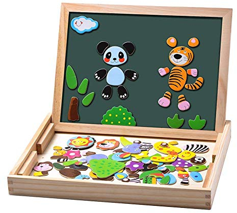 Uping Magnetisches Holzpuzzle 100 Stück, Doppelseitige Magnettafel, Zeichenbrett Farbstifte Kreiden, Wald and Tier Puzzles Spielzeug für ab 3 Jahre