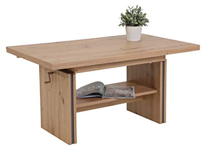 Hela Tische, Funktionscouchtisch Hilmer, Holzwerkstoff melaminbeschichtet, Eiche-Dekor, ausziehbar 110-165cm, höhenverstellbar mit Kurbel 56-66cm