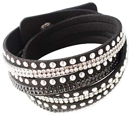 YAZILIND Leder Wickelarmbänder Strass und Muti-Color Perlen Stulpearmband, Charm Multilayer Armband Damen Schmuck Schwarz
