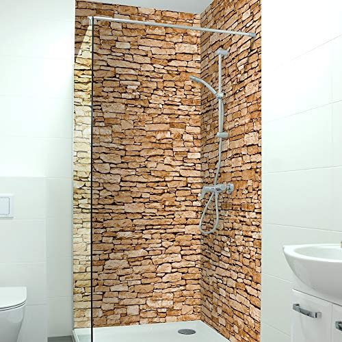 DRUCK-EXPERT Premium Duschrückwand 0,4 mm selbstklebendes Hart-PVC, Größe:2 x B 103 x H 240 cm Hochformat, Muster:Naturstein Braun