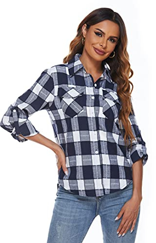 Ietaoo Camisa Franela Cuadros Mujer Manga Larga Algodón Blusa Casual Boyfriend Elegante Shirt Camisas Chaqueta con Bolsillo