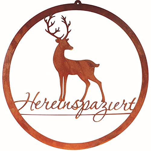 Badeko Türschild Hirsch Hereinspaziert 35 cm Edelrostschild Ring Metallring Metallschild Türring Edelrost Rost Hirschdeko Jäger Geschenkidee Loop Vintage Jagdhüttendeko Hüttendeko