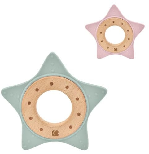 KikkaBoo Beißring aus Silikon und Holz, Stern, 0+ Monate, Zahnarzt-Training, BPA-frei, Minze