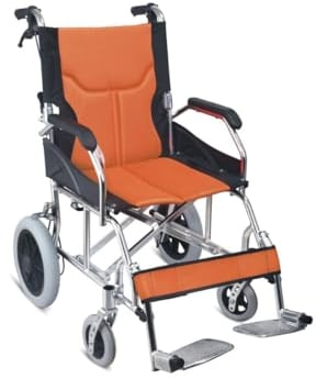 Ultraleichter Klapprollstuhl aus Aluminium für den Transport mit Sicherheitsgurt und verstellbarer Rückenlehne, Farbe orange