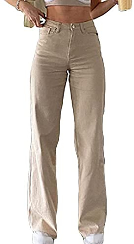 Sawmew Damjeans Y2K E-Girl Jeans Med Hög Midja Tonåring Flickor Vintage Slim Fit Utsvängda Byxor Långa Utsvängda Jeans Höftjeans Utsvängda Byxor (Color : Beige, Size : S)