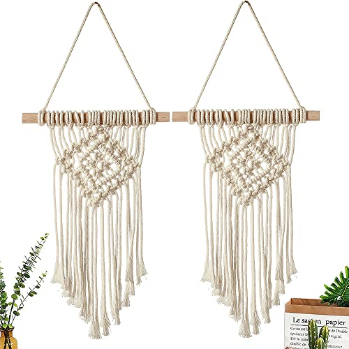 2 Stück Makramee Wandbehang, Macrame Hanging Tapestry, Boho Wanddeko, Makramee Vorhang, Boho Deko Outdoor, 20 * 30cm, Handgewebt, Quaste, Hotel, Schlafzimmer, Für Wohnzimmer, Wohnkultur (Beige)