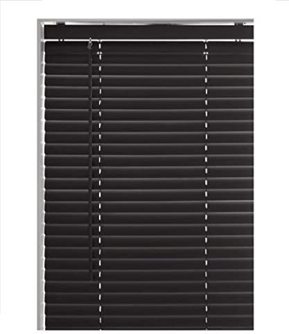 Black Plain PVC venetian Blind - Width 180cm x Drop 150cm - 25mm Horizontal Slats - Easy Fit Trimmable fitting with Tilt control Wand Mechanism