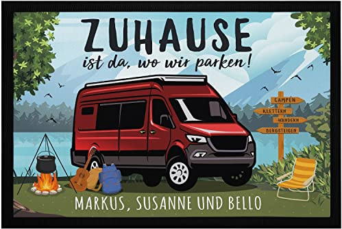 SpecialMe® Fußmatte mit Namen personalisert Camping-Bus Familie Zuhause ist da wo wir parken rutschfest & waschbar schwarz 60x40cm
