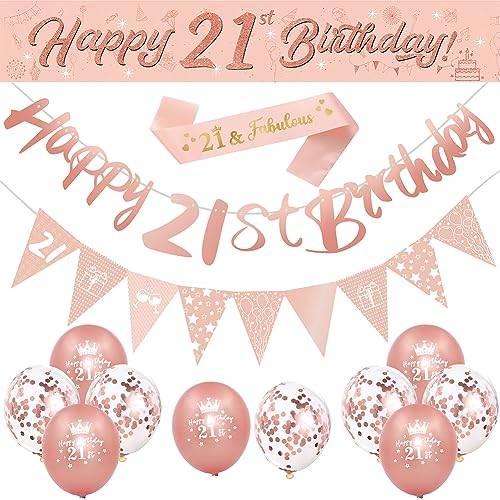 DEARLIVES 14 Pieces 21st Happy Birthday Party Supplies, Rose Gold Decorations Including Banner, Straps, Triangle Flag Bunting, Confetti Latex Balloons
