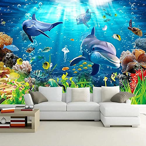 Custom Size Wallpaper 3D Photo Wallpaper Kids Mural Livingroom Underwater World Dolphin Painting Tv Background Wallpaper for Wall 3D, for Office Bedroom Dining Room Wall Photos 140 (W) x 70 (H) cm