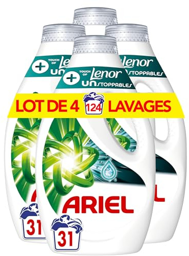 Ariel Flüssigwaschmittel, 124 Waschgänge (4 x 31), unstoppbare Lenor-Touch, intensive Reinigung und mehr Frische, bietet ein Gefühl von Frische, das bis zu 1 Woche hält, hergestellt in Frankreich
