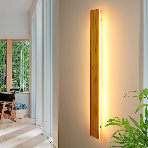 LED Wandleuchte Innen Holz Wandlampe Bambus Holz Lange Wandleuchte 35W WarmWeiß 3000k Lampe Holz Modern Wandbeleuchtung Für Schlafzimmer Wohnzimmer Flur Treppenhaus Innenbeleuchtung Nachtlampe,115cm
