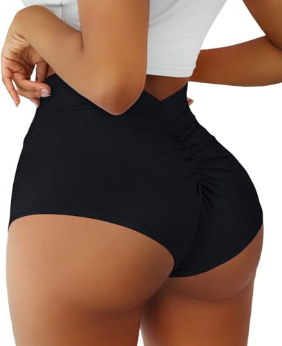 Boudaner Yoga-Shorts für Damen, hohe Taille, V-Ausschnitt, Scrunch für Fitnessstudio, Workout, Spandex, Tanz, Hotpants, Po, Lifting, Rave-Hose, Schwarz, Klein