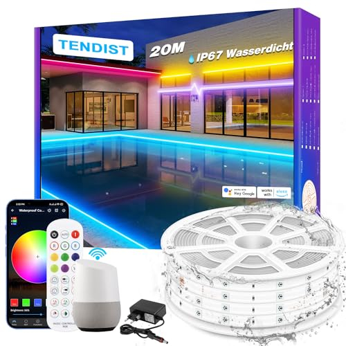 TENDIST 20M WiFi RGB LED Strip Wasserdicht, IP67 Led streifen Aussenbereich, 24V Outdoor LED Strip Musik Sync Alexa Kompatibel, LED Band Außen für Pavillon, Pergola, Outdoor Beleuchtung