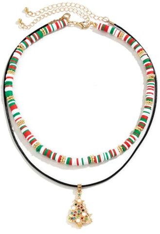 Wedity Weihnachten Halskette Doppelschicht Leder Seil Elch Schneemann Weihnachtsbaum Anhänger Halsketten Weihnachtsgeschenke Schmuck für Frauen Mädchen (Farbe E)
