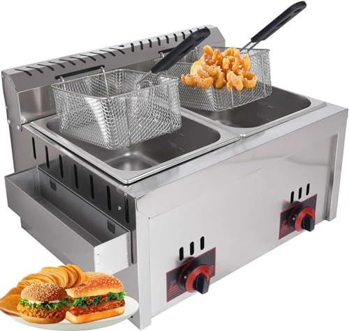 DJXLMN Freidora de gas de acero inoxidable de gran capacidad de 10 L x 2 para uso doméstico y comercial, potencia de fuego ajustable, incluye cestas y tapas, perfecta para patatas fritas, donas