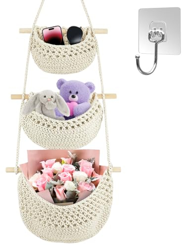 Hängender Organizer , 3-Lagiges Baumwollseil Handgewebt Wandmontierte Aufbewahrungsnetztasche, Tür- und Wand-Aufbewahrungstasche Badezimmerkorb zur Aufbewahrung im Wohnzimmer, Schlafzimmer, 30x90cm