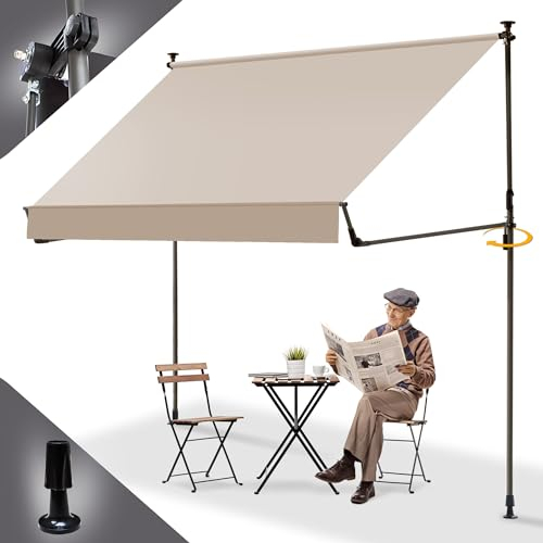 BelleMax Klemmmarkise Markise Balkon ohne Bohren, 250 cm x (125 + 25 cm) Khaki, Balkonmarkise mit Handkurbel, Faltbarem Seitenarm, UV-Schutz, Wasserdicht und Höhenverstellbar