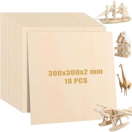 MUXHEL 18PCS Plywood Sheets 300 x 300 x 2mm Plywood Boards Unfinished Poplar Wood Sheet Plywood Sheets for Crafts, Arts, Painting, Home Decor, DIY & Engraving