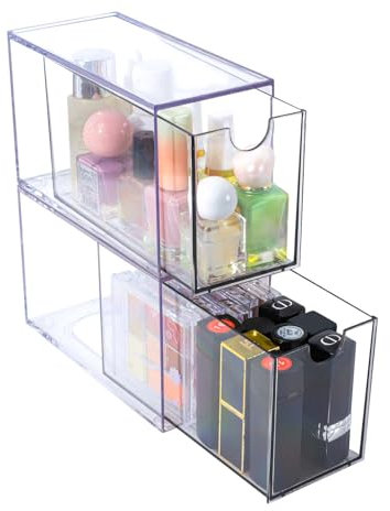 DoocliB 2 Stück Organizer mit Schubladen, Acryl Schubladen Stapelbar, Transparent Make Up Aufbewahrung, für Schlafzimmer Schminktisch Badschrank Spiegelschrank Innen