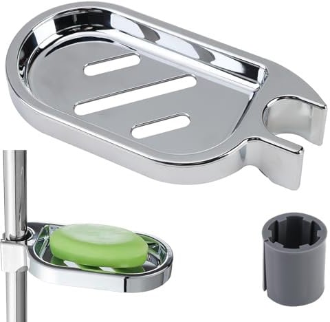 Clip-on Bathroom Soap Dish Adjustable Shower Rail Soap Holder ABS Shower Soap Tray with 22mm Shower Round Rail Pole for Tube Pipe Rod Pole Bathroom Kitchen Sink (Silver)
