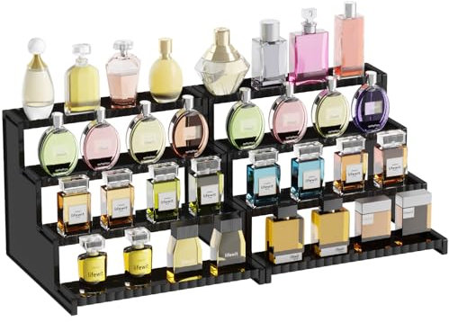 Lifewit Expositor de perfume de 4 niveles negro con rejilla, organizador de perfume de plástico, expositor acrílico para maquillaje, cupcake, postre, especias, encimera, vanidad, vestidor, 2 unidades