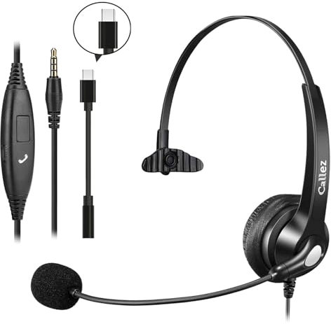 Callez Computer Headset, 3.5mm Mobile Phone Headset with Microphone Noise Cancelling, Wired USB-C Headphone for PC Laptop Mac iPhone Samsung Teams Zoom Home Office Business, In-line Controls