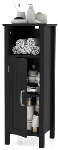 Multigot Bathroom Floor Cabinet, Freestanding Wooden Storage Cupboard with Single Door and Adjustable Shelf, Modern Side Cabinet Slim Storage Organizer Unit for Bathroom Living Room Entryway (Black)