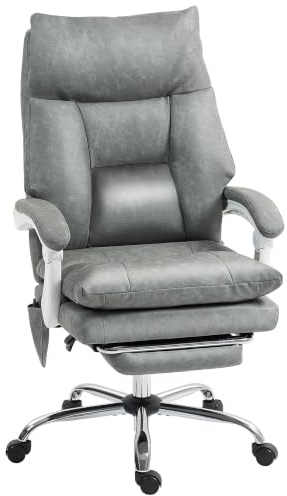 HOMCOM Executive Office Chair Airbag Lumbar Support with Footrest Grey | PU Leather Desk Chair, Quiet Swivel Wheels, Reclining Backrest, High Back, Height Adjustable, for Home