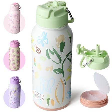 BOTTLE BOTTLE Botella de agua aislada de 32 onzas, botella de agua deportiva de acero inoxidable con pajilla, diseño de tapa de doble uso para gimnasio con pastillero (Eden Grove)