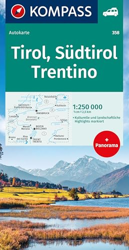 KOMPASS Autokarte Tirol, Südtirol, Trentino/Tirolo, Alto Adige, Trentino 1:250.000: mit Strassenkarte