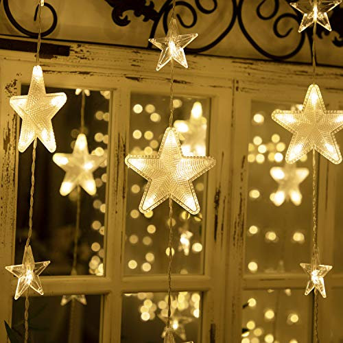 CREASHINE Luces Cadena Cortina, 2*1,5m Cortina Luces Estrella, 144 LEDs Luces de Cadena de Ventana, 8 Modos, con Control Remoto RF, Cable de Cobre, IP44 Impermeables, para Fiestas, Boda, Aniversario