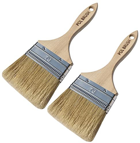 Set of 2 - 3 inch European Professional Flat Paint Brushes - Natural Bristle Wooden Handle - for Acrylic, Chalk, Oil, Watercolor, Gouache, Stain, Varnish, Wax & etc. - for Art, Kids, Walls, Details.
