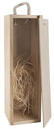 WooDeeDoo 1 Bottle Wine Wooden Box with Sliding Lid and Rope Handle – 35 x 10 x 10.5 cm – Gift Crate with Wood Wool for Hamper Display Storage or Personalised Decoration