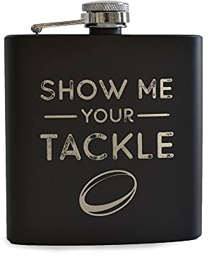 Show Me Your Tackle Black Hip Flask - Funny Rugby Gifts for Men - Rude Anniversary Present