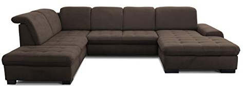 CAVADORE Wohnlandschaft Lexi / Große U-Form mit XXL-Longchair rechts und Kopfteilverstellung / Leichte Fleckenentfernung dank Soft Clean / 329 x 82-99 x 224 / Flachgewebe: Braun