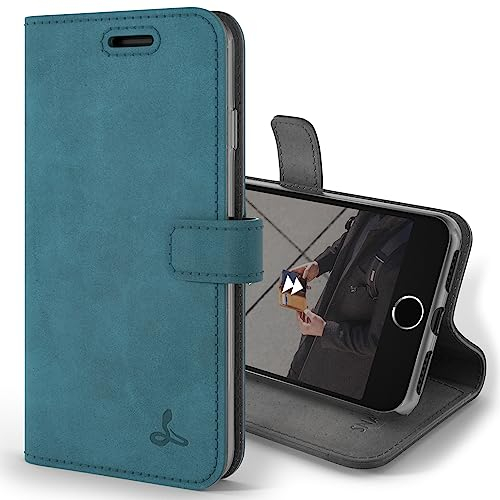 Snakehive Vintage Wallet for Apple iPhone SE 2022/ iPhone SE 2020 || Real Leather Wallet Phone Case || Genuine Leather with Viewing Stand & 3 Card Holder || Flip Folio Cover with Card Slot (Teal)
