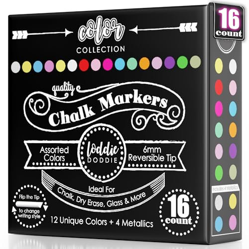 Loddie Doddie Chalk Markers - Pack of 16, 6mm Reversible Bullet & Chisel Tips - Non-Toxic Dust-Free Erasable Liquid Chalk Ink - Dry Erase Markers for Glass, Windows & Whiteboards