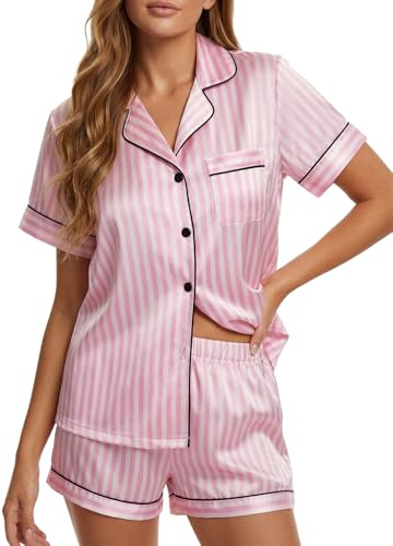 LYANER Ensemble de Pyjama rayé à Manches Courtes en Satin Soyeux avec Short pour Femme, Rose, Large