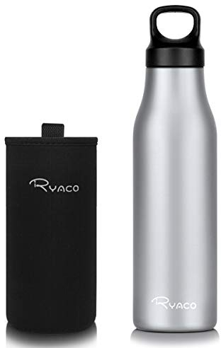 RYACO Trinkflasche Edelstahl Wasserflasche 600ml, Vakuum-Isolierte BPA-frei auslaufsicher Thermosflasche, 24 Std Kühlen & 12 Std Warmhalten für Sport, Fitness, Reisen, Outdoor, mit Karabinerhaken