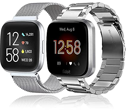 baklon 2 Stück Ersatzarmband Kompatibel mit Fitbit Versa Armband/Fitbit Versa 2 Armband, Edelstahl Metall Ersatz Armband Kompatibel mit Fitbit Versa 2/Versa/Versa Lite, Silber